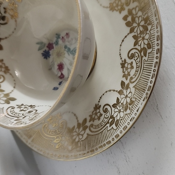 H&C Selb Bavaria Heinrich & CO Tea Cup &Saucer Gold pink Blue Flowers - Picture 7 of 9